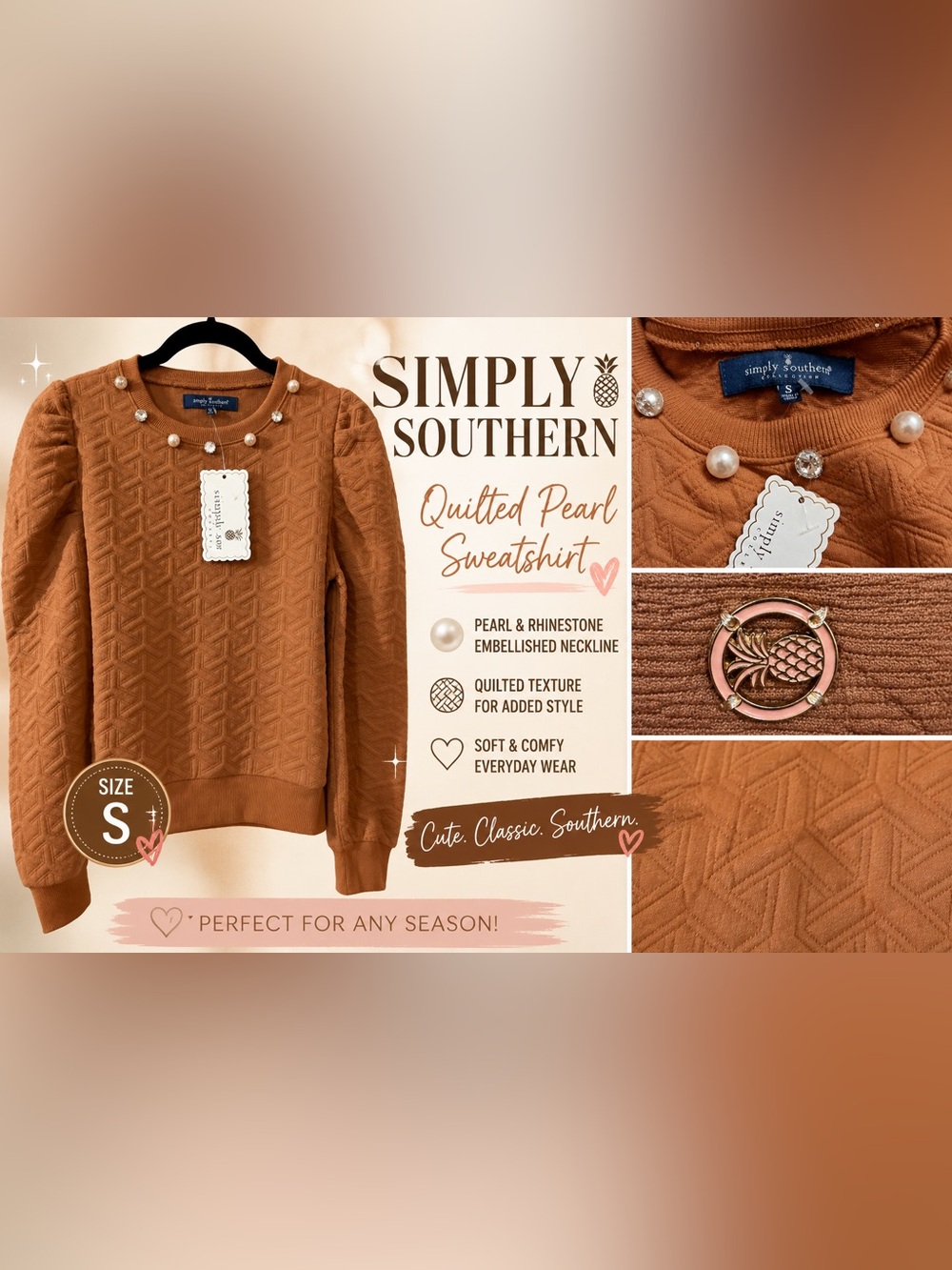 NWT-Simply Southern Quilted Pearl Crewneck